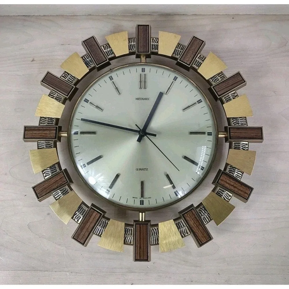 Vtg Metamec Mid-Century Modern Sunburst Wall Clock Brass Color Faux Wood England